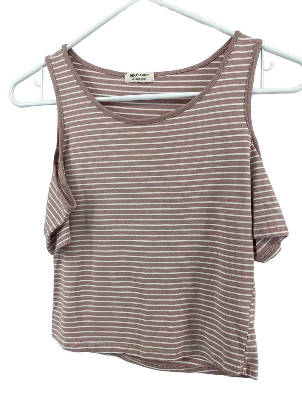 Heart & Hips Tan White Striped Short Sleeve Cold Shoulder Blouse